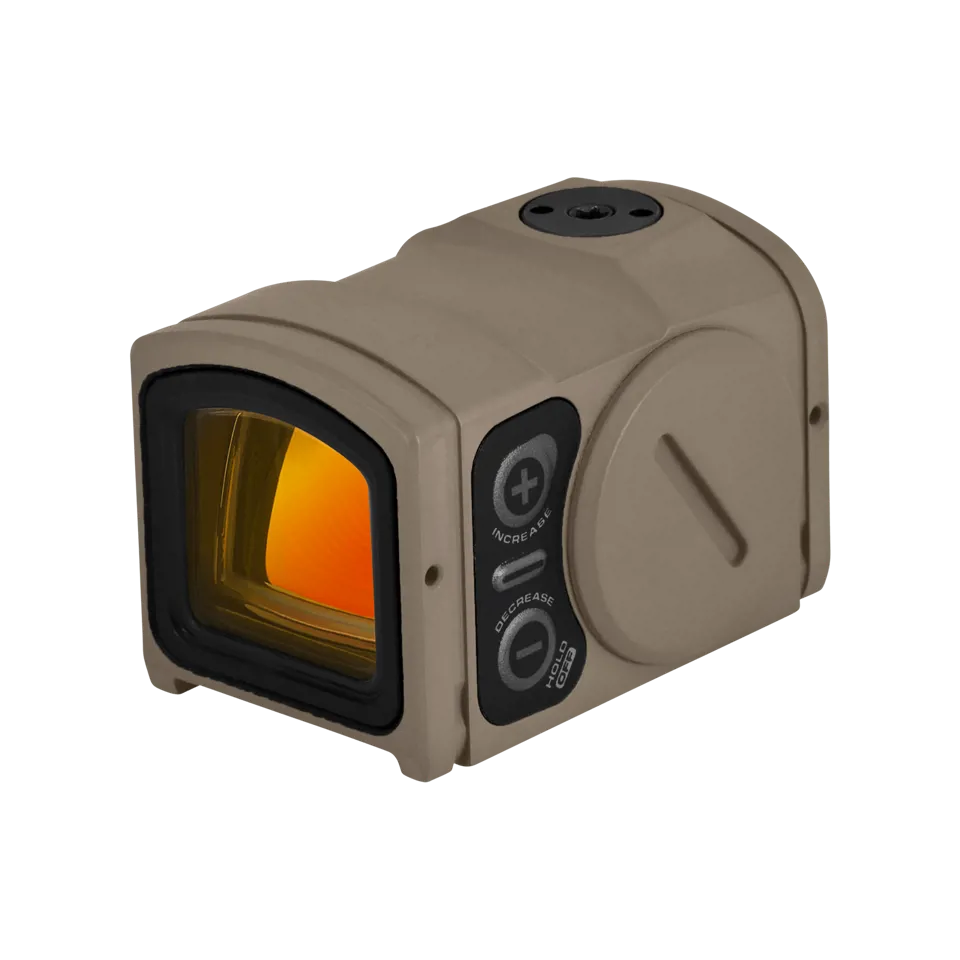 Detaliu Aimpoint Acro P2 FDE 3.5 MOA articolevanatoare butoane control lentila ambra