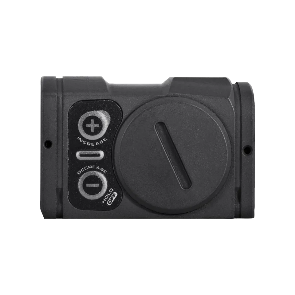 Detaliu lateral Aimpoint Acro P2 Sniper Gray 3.5 MOA articolevanatoare butoane control capac baterie