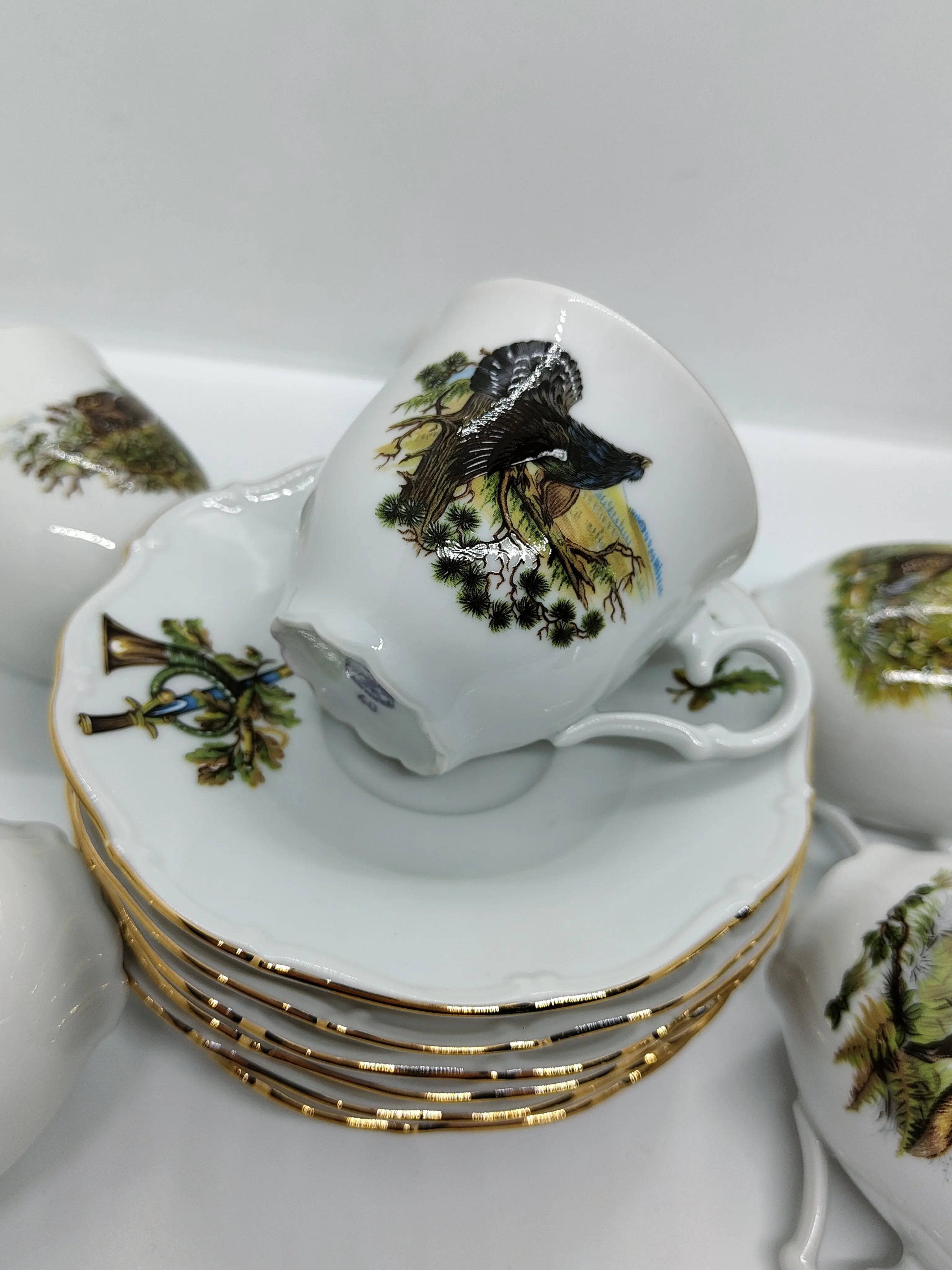 Set cafea cesti aurite motiv vantoare - Articole de Vanatoare