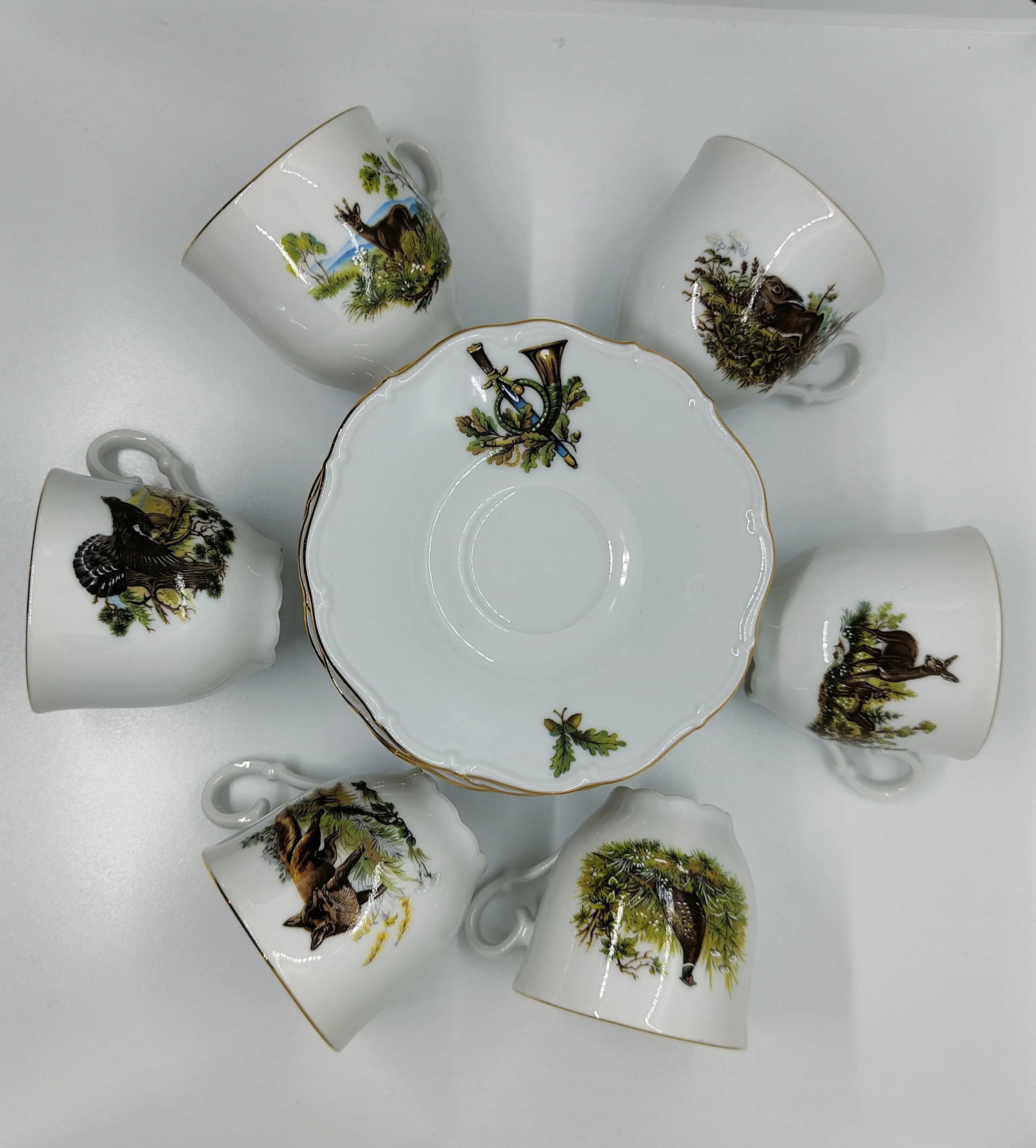 Set cafea 6 cesti aurite motiv vantoare