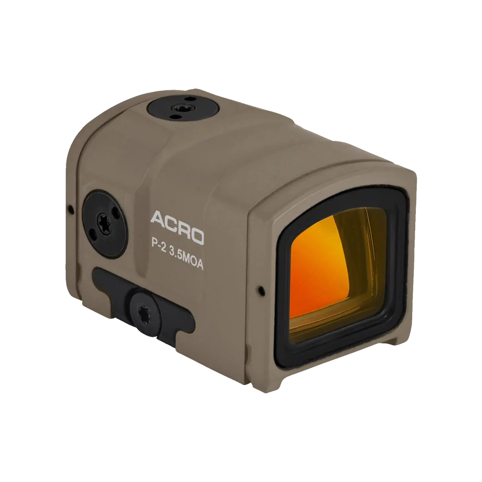 I can see it is a tan/beige colored (FDE - Flat Dark Earth) red dot sight. The text on the device says "ACRO" and "P-2 3.5MOA