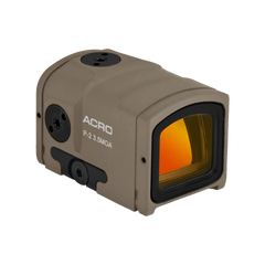 I can see it is a tan/beige colored (FDE - Flat Dark Earth) red dot sight. The text on the device says "ACRO" and "P-2 3.5MOA