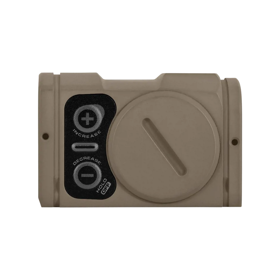 Detaliu lateral dispozitiv ochire Aimpoint Acro P2 FDE 3.5 MOA butoane reglare intensitate capac baterie articolevanatoare