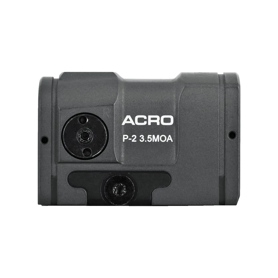 Vedere lateral dispozitiv ochire punct rosu Aimpoint Acro P2 3.5 MOA gri capac baterie articolevanatoare