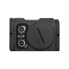 Detaliu lateral Aimpoint Acro P2 Sniper Gray 3.5 MOA articolevanatoare butoane control capac baterie