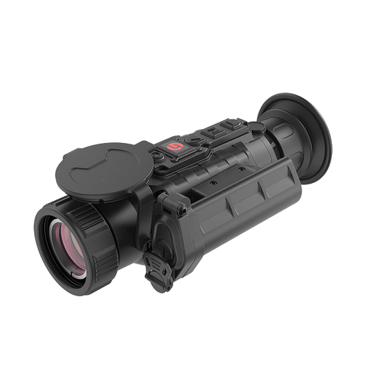 Looking at the image: - It's a black thermal imaging camera (clip-on style) - Black matte finish - Lens with protective cap o