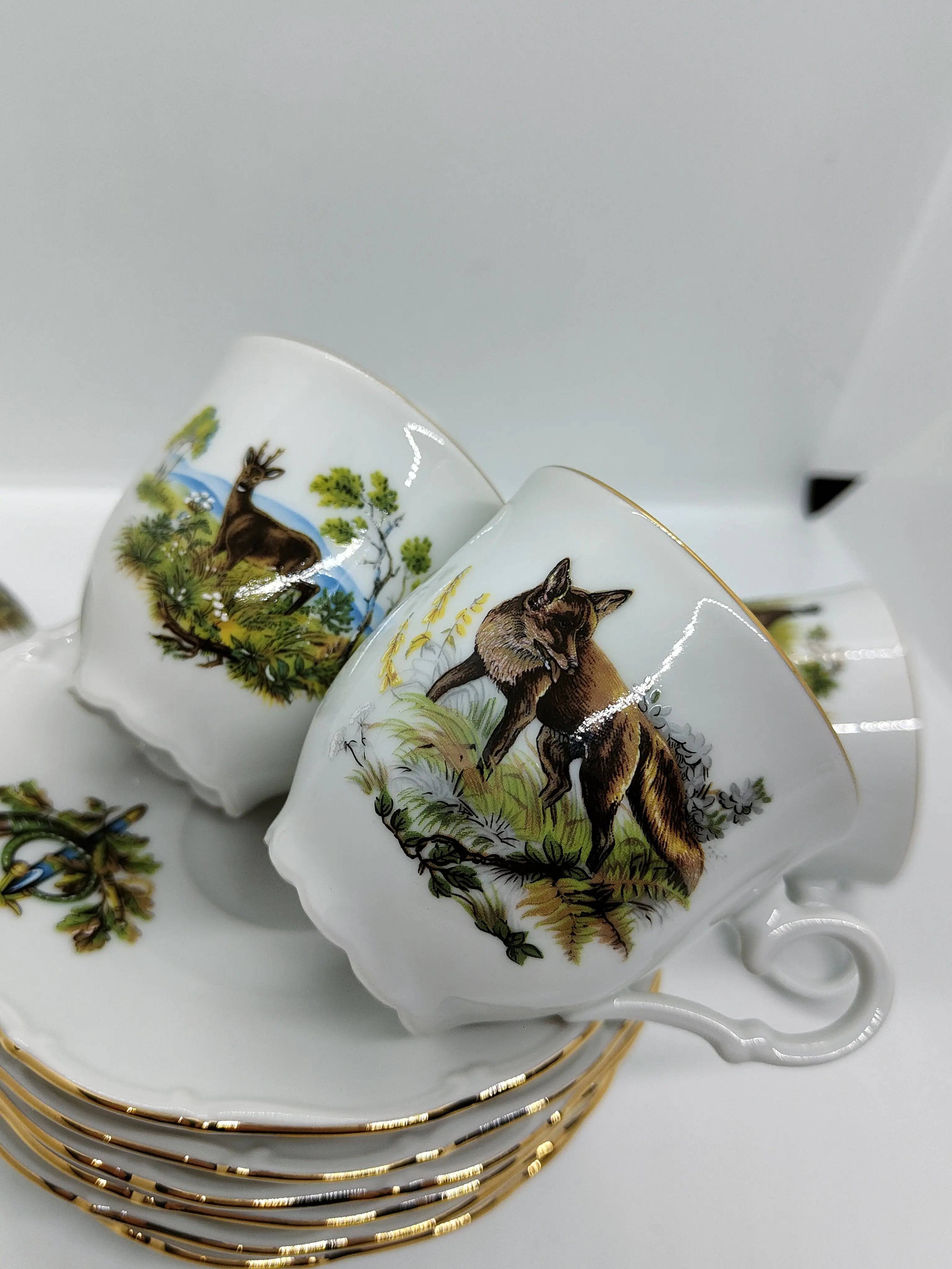 Set cafea cesti aurite motiv vantoare - Articole de Vanatoare