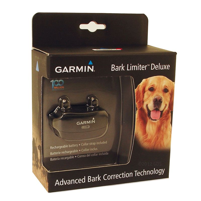 Zgarda anti-latrat Garmin BarkLimiter Deluxe articolevanatoare ambalaj negru dispozitiv vizibil si imagine caine