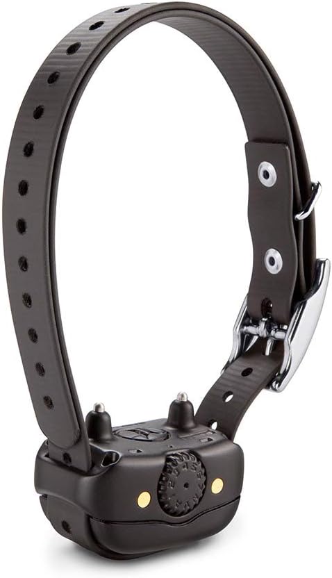 Looking at the image: - It's a close-up/detail shot of the Garmin BarkLimiter Deluxe collar - Shows the black plastic device/