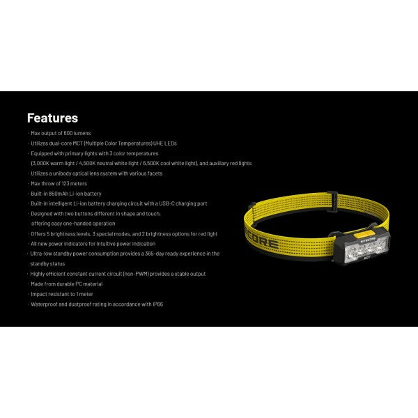 Nitecore NU27, Lanterna Frontală, Reîncărcabilă USB-C, 600 Lumeni, 123 Metri